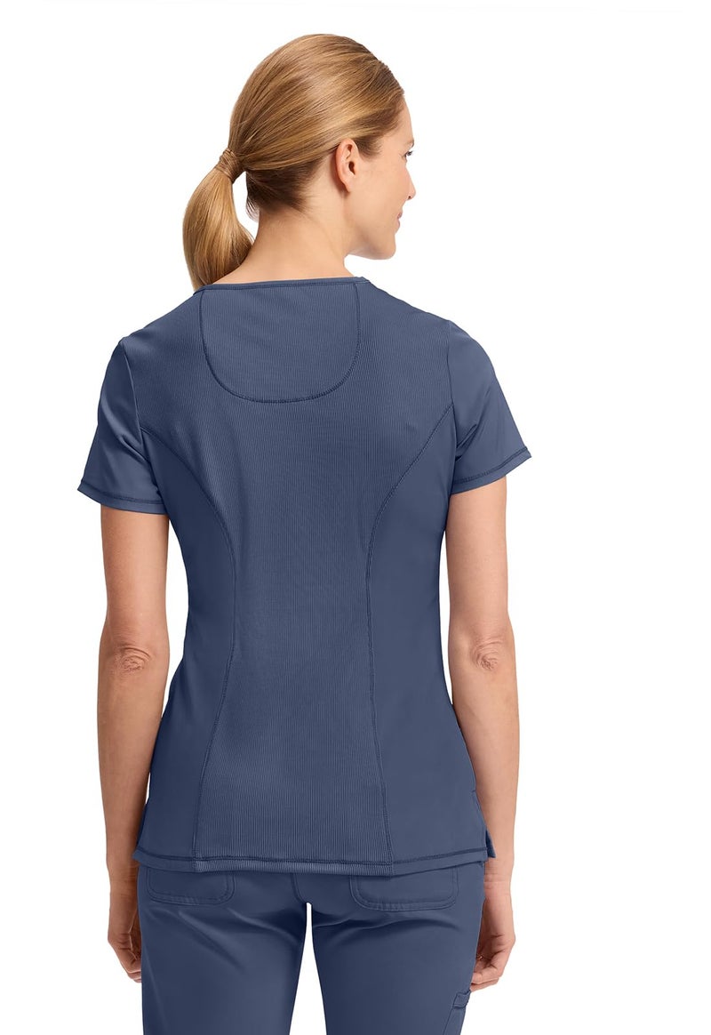 Cherokee Infinity Womens Mock Wrap Scrub Top, 4 Pockets, Rib-Knit Panel, Moisture-Wicking 360Â° Stretch - 2625A, L, Navy - Image 2